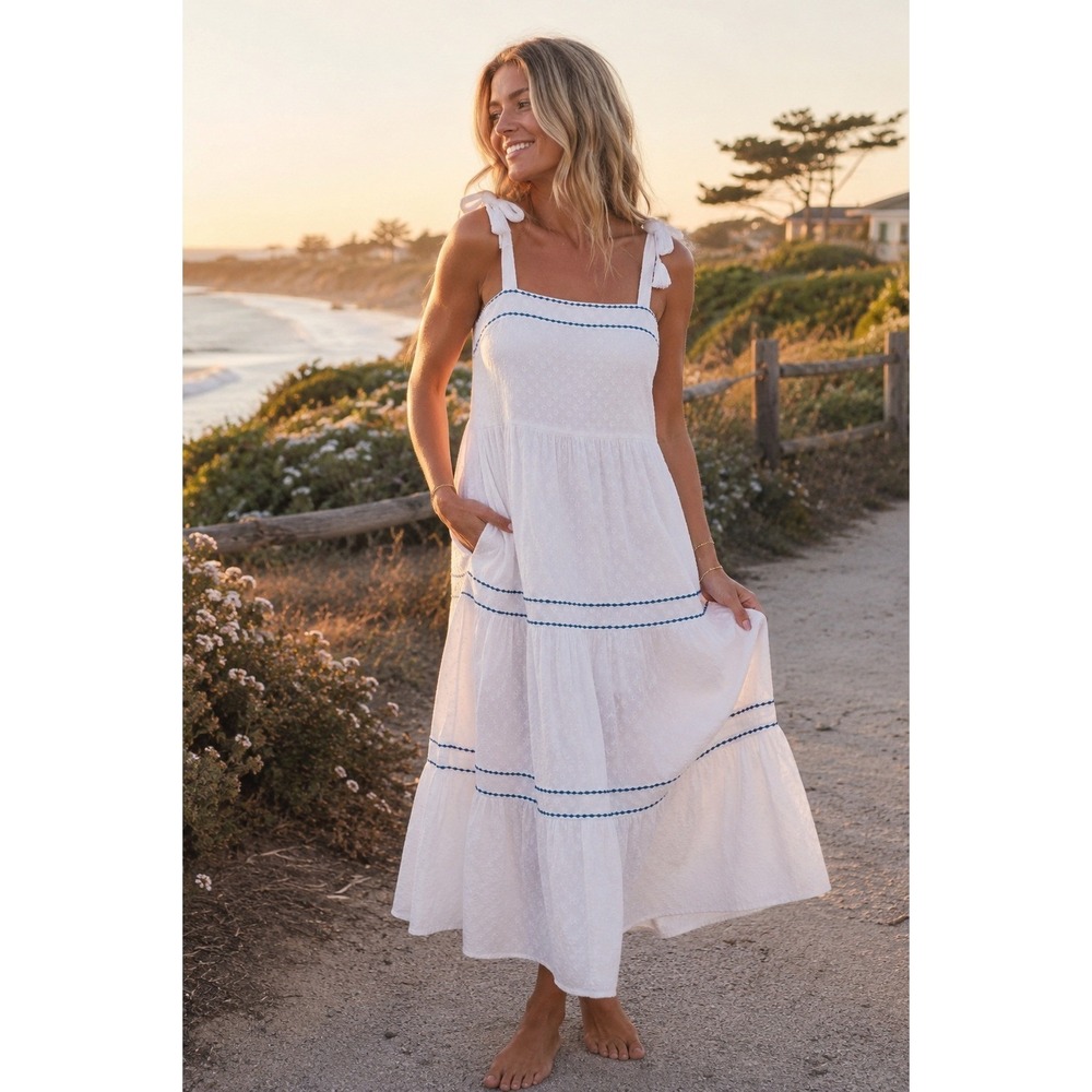 Tommy Bahama Tiered Midi Dress XL White Blue Coastal Chic Mediterranean Resort